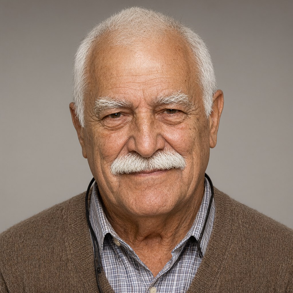 Close-up head-and-shoulders portrait, facing the camera squarely, amused half frown, mouth closed under a thick white moustache, plain warm grey studio background, soft even frontal light, brown knit cardigan over a checked shirt collar.