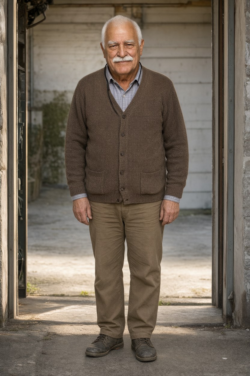 Full length in the garage doorway, weight on one leg, hands at his sides, brown knit cardigan over a checked shirt, plain trousers and worn shoes, afternoon street light behind him.