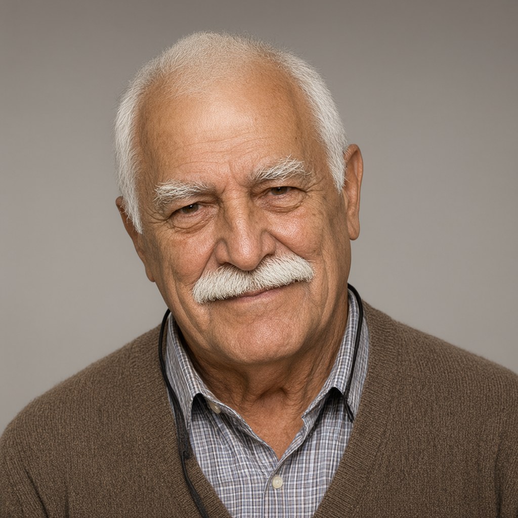 Close-up portrait, head tilted a few degrees to his right, eyes on the lens, calm expression, plain warm grey background, soft even light, brown knit cardigan over a checked shirt collar.