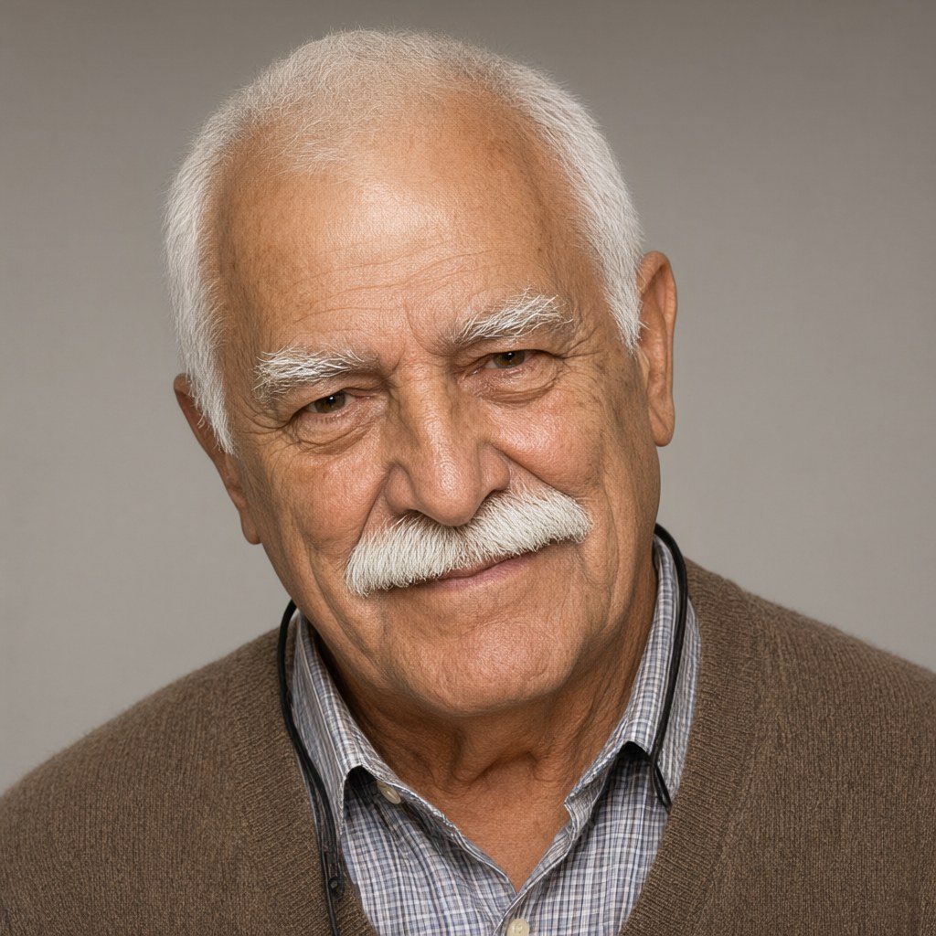 Close-up portrait, head turned about fifteen degrees to his left with the eyes still on the camera, the thick white moustache and bushy white brows clearly lit, plain background, soft even daylight.