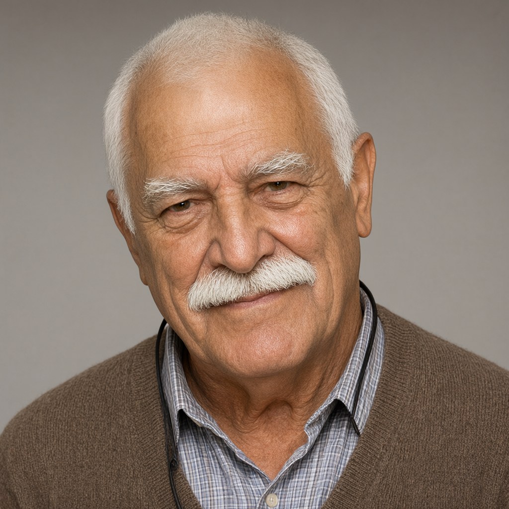 Close-up portrait, head turned about fifteen degrees to his right with the eyes on the camera, calm expression, plain background, soft even daylight, checked shirt collar.
