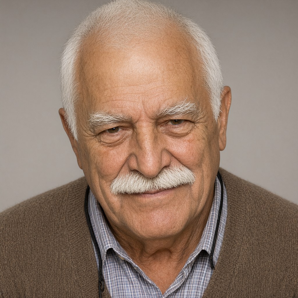 Close-up portrait from slightly above eye level, looking up into the lens, mouth closed, plain warm grey background, soft even light.