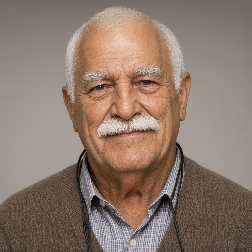 Close-up portrait from slightly below eye level, looking down into the lens, deep creases and liver spots at the temples visible, plain warm grey background, soft even light.