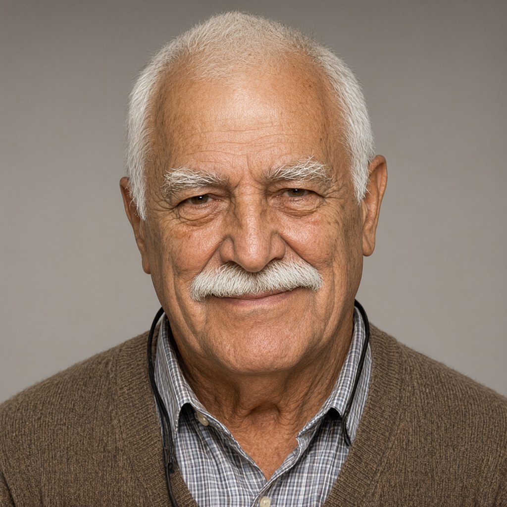 Close-up portrait facing the camera with a small closed-mouth smile that lifts the moustache, eyes narrowed, plain warm grey background, soft even frontal light.