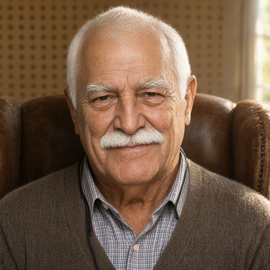 Close-up portrait seated in a worn brown armchair, face to camera, afternoon light from the right, a pegboard wall softly out of focus behind him, brown knit cardigan over a checked shirt.