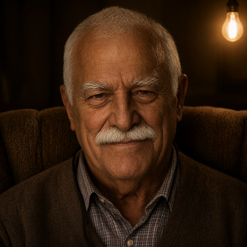 Close-up portrait in the same armchair at night under one bare bulb, face to camera, warm hard light from above, deep shadows in the creases, brown knit cardigan.