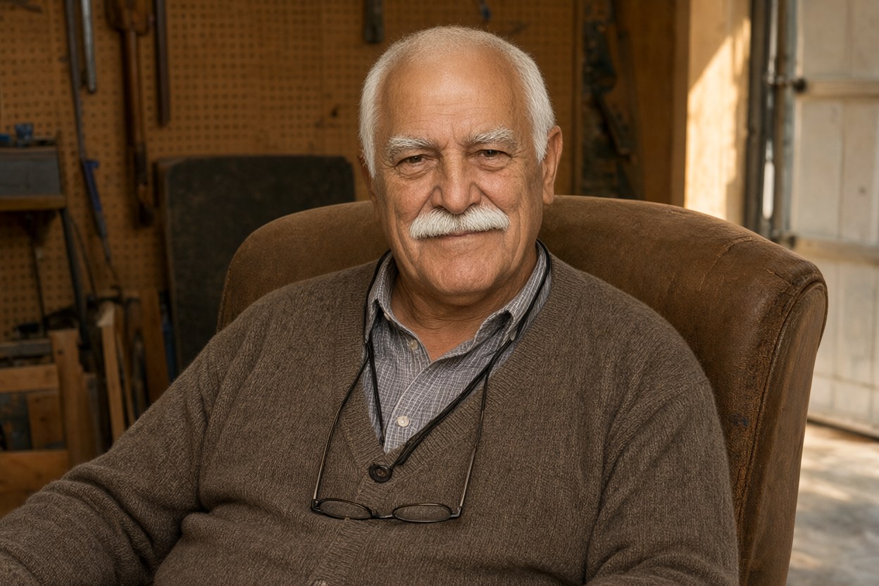 Photograph the man settled back in the worn brown armchair with the pegboard wall and the open garage door both in frame, warm afternoon light, reading glasses on a cord at his chest, hands empty, looking at the camera.