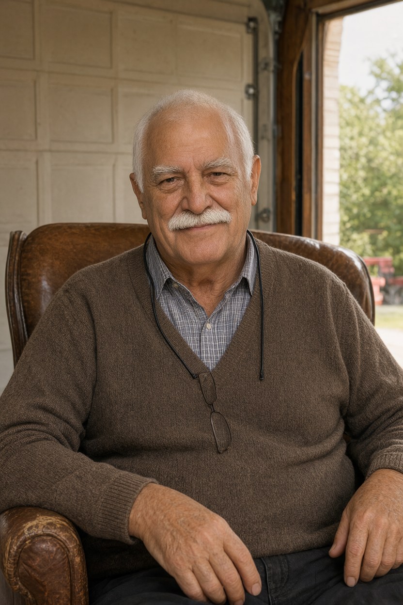 In the worn brown armchair in a waist-up medium shot, hands resting on the arms of the chair, face to the camera, reading glasses hanging on a black cord at his chest, afternoon light from the open garage door.
