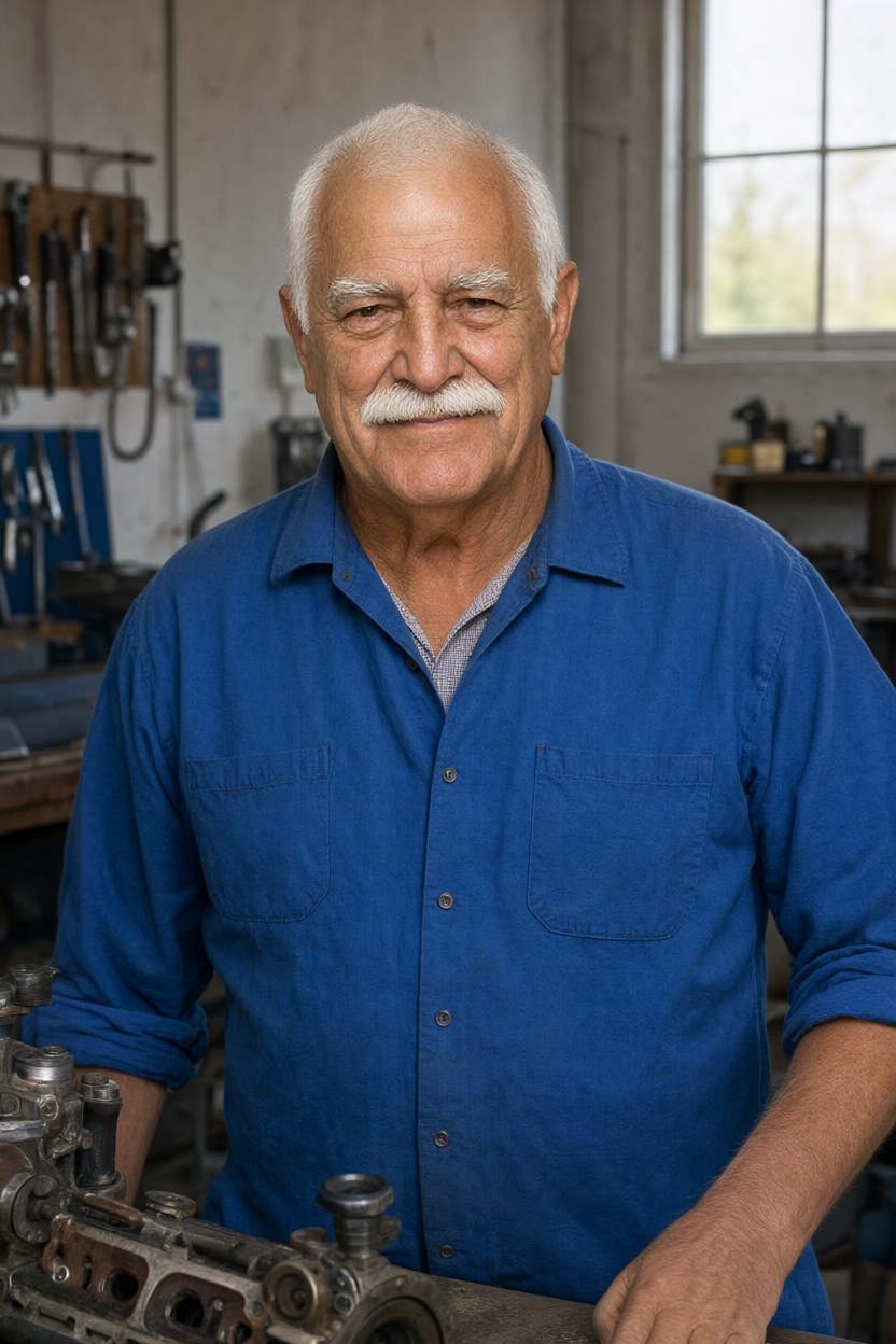 Waist-up medium shot standing at a workbench beside an old engine block, blue work shirt with rolled sleeves, no cardigan, face turned to the camera, flat daylight from a high window.