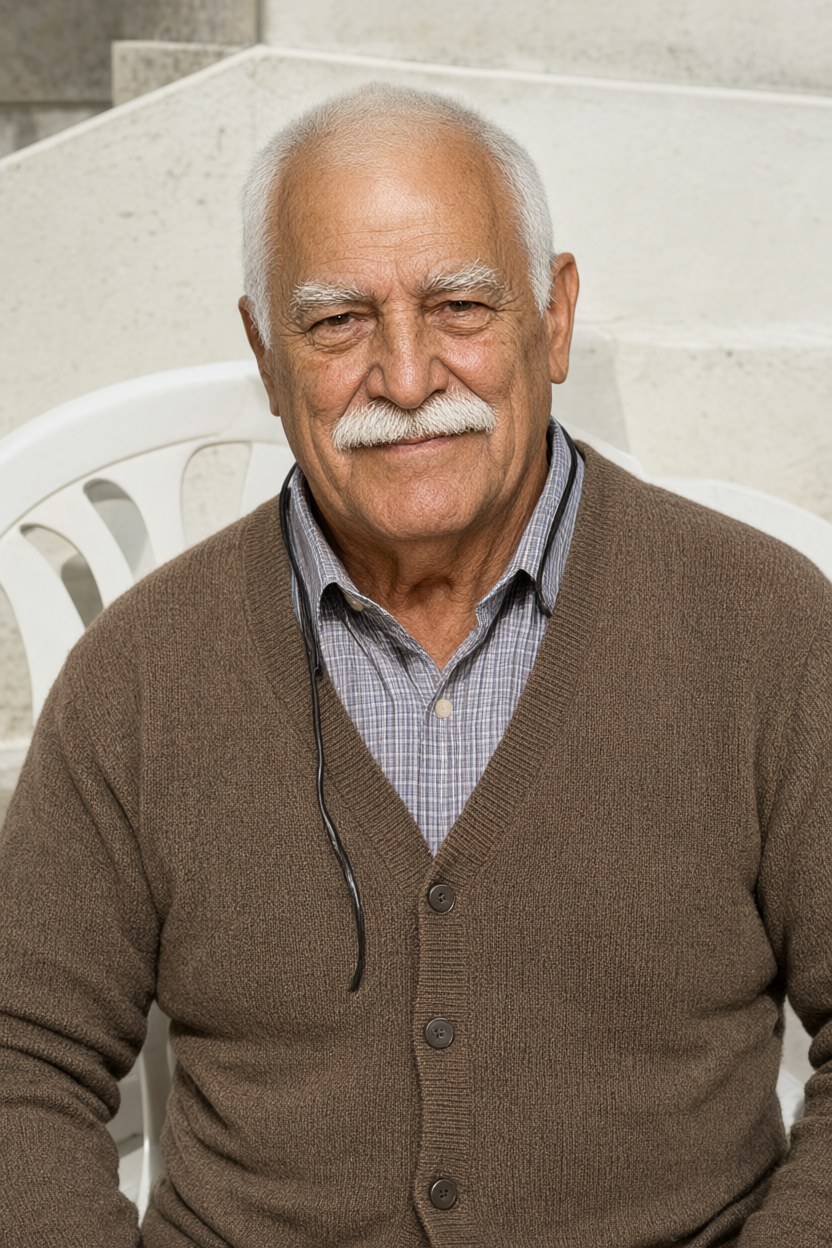 Waist-up medium shot on a white plastic chair outside in hard midday sun, squinting slightly at the camera, brown knit cardigan open over a checked shirt, bright concrete behind him.