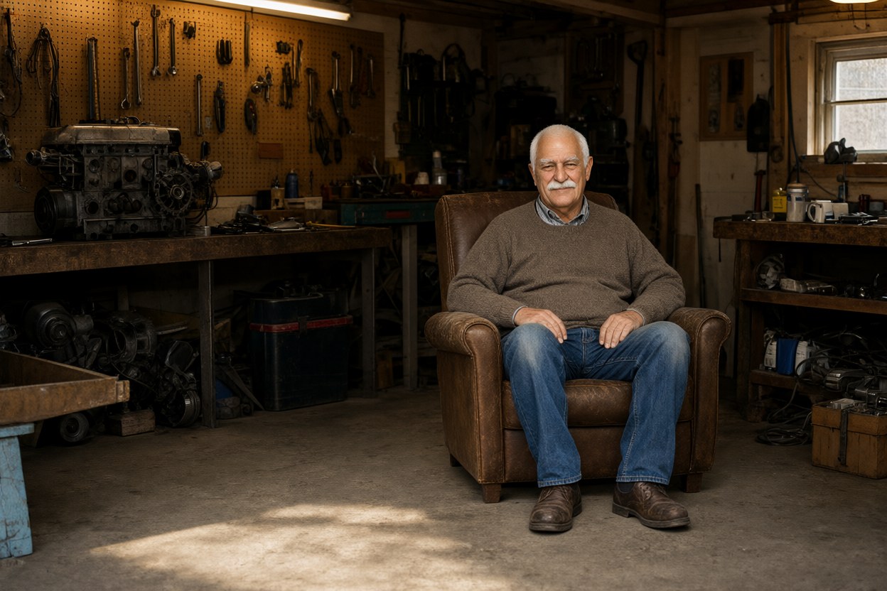 Photograph the garage interior from the far corner with the man seated small in frame in the worn brown armchair, pegboard wall of tools, an old engine block on the bench, afternoon light across the concrete floor, one person only.