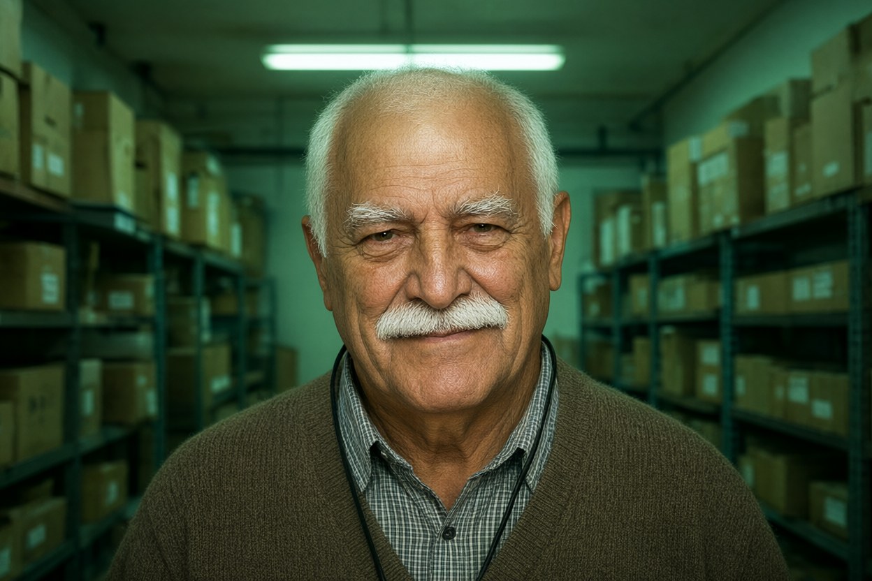 Hard overhead fluorescent light in a plain parts shop aisle of unlabelled boxes, cool green cast, face to camera, brown knit cardigan over a checked shirt.