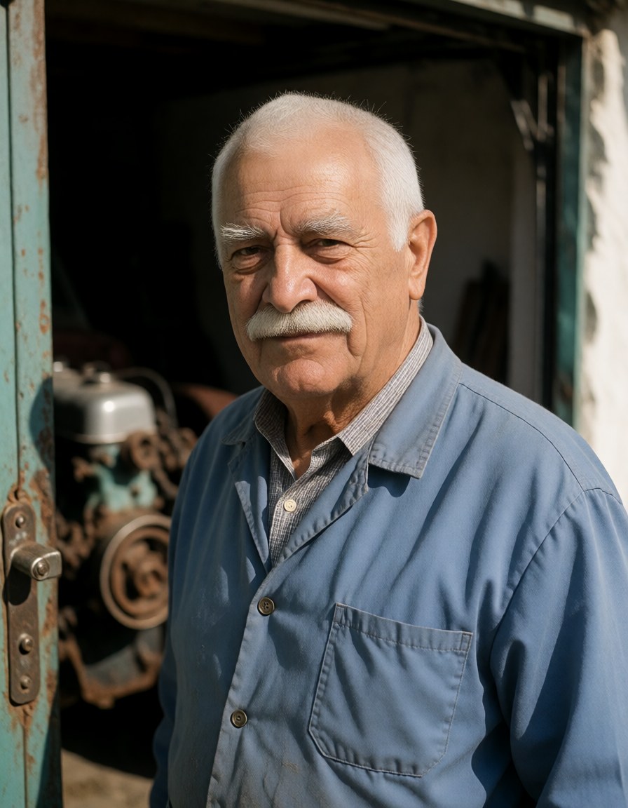 Chest-up portrait at the open door of the courtyard garage in a faded blue work shirt buttoned to the collar, strong side light from the doorway, old engine parts blurred behind him, amused half frown.