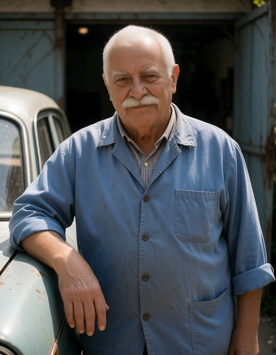 Waist-up, leaning on the fender of an old car in the courtyard garage, sleeves rolled to the elbow, side light from the open door, dry smile.