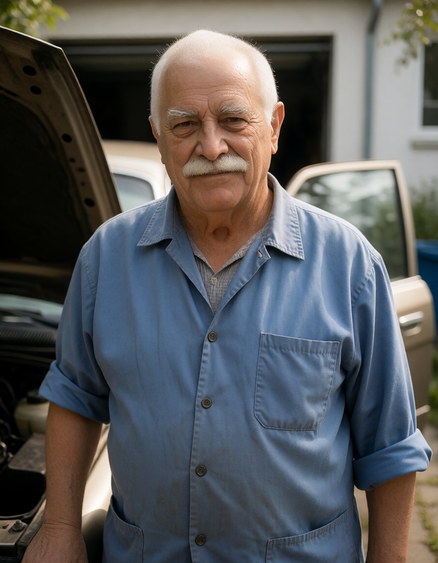 Waist-up beside an open car bonnet in the courtyard garage, sleeves rolled up, side light from the door, a patient stare.