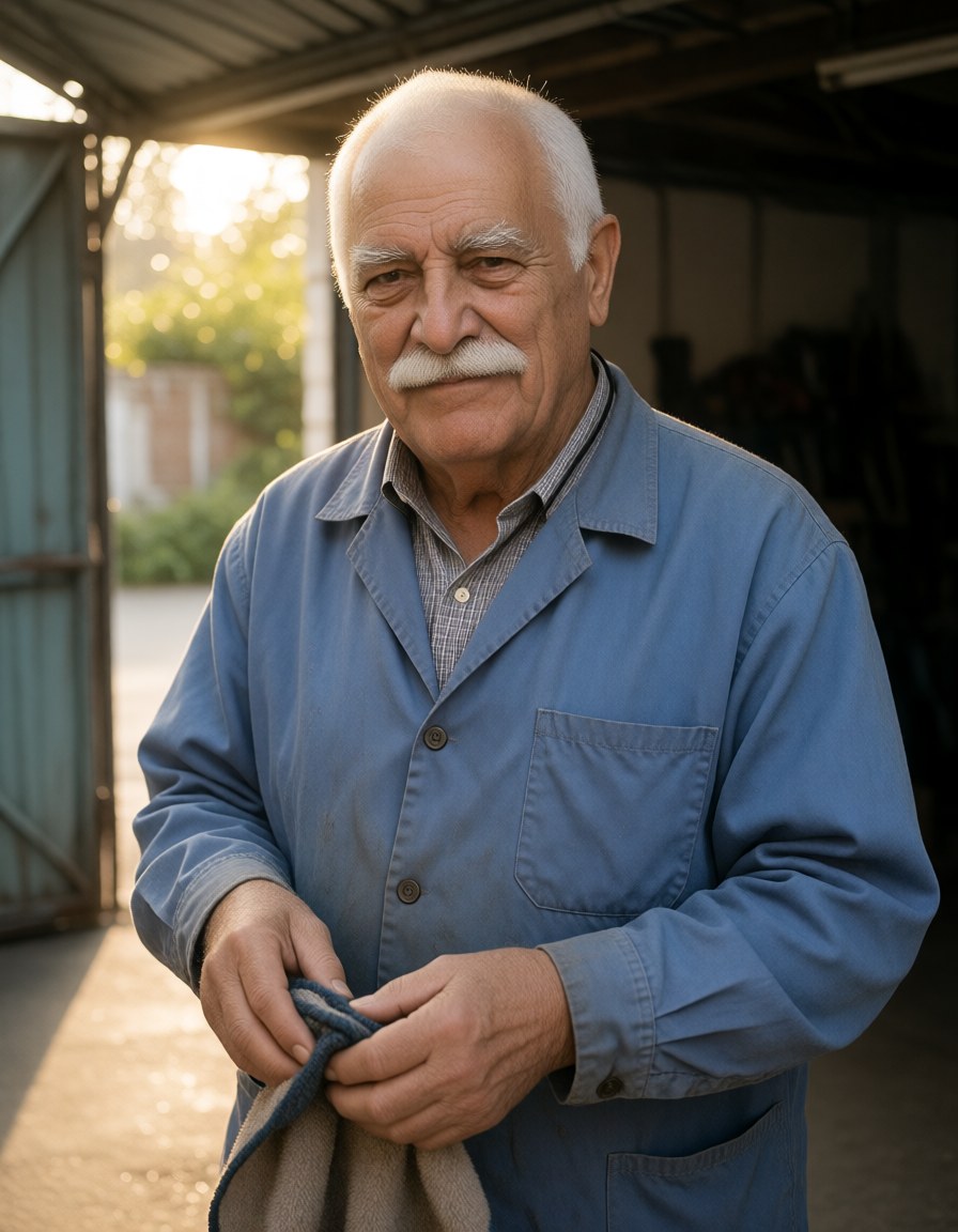 Waist-up, wiping his hands on a rag in the courtyard garage, warm light from the open door, eyes narrowed.