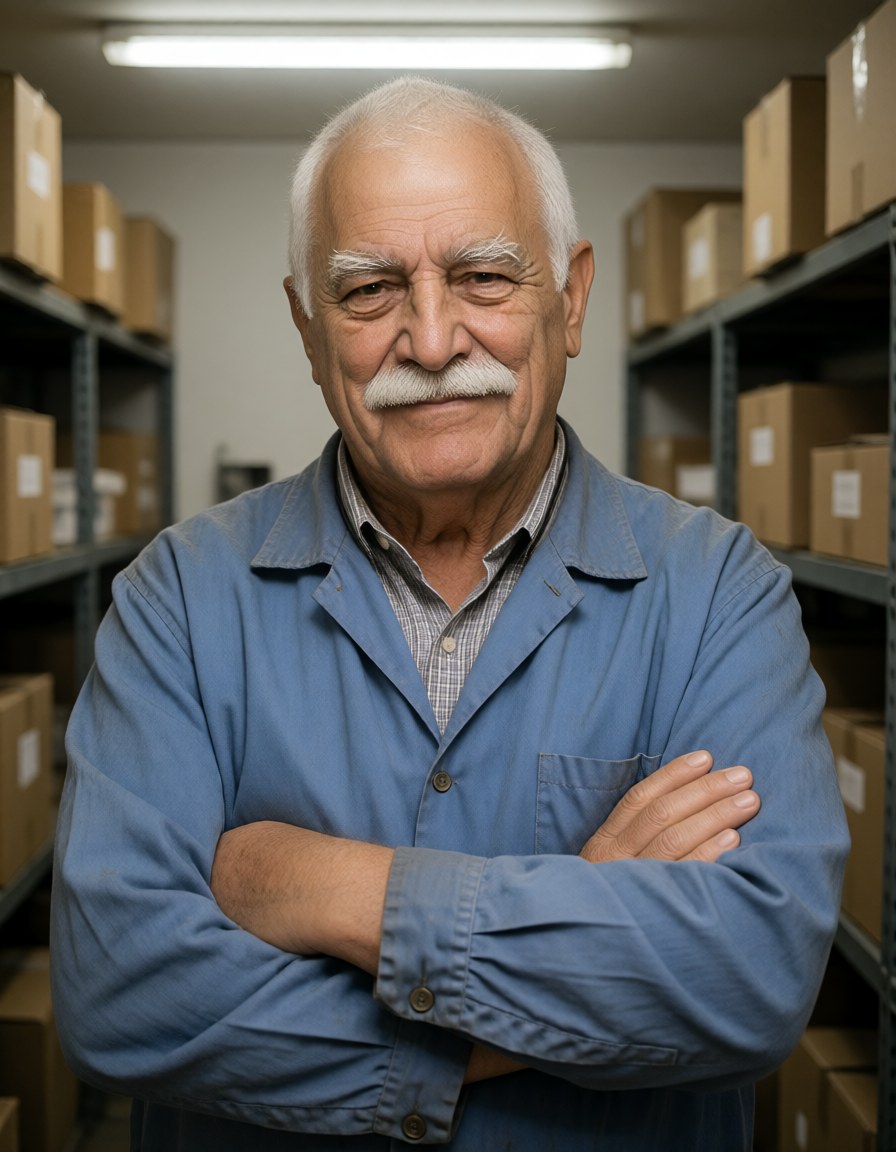 Waist-up with arms folded in a parts storeroom, metal shelving and plain unmarked boxes, flat fluorescent light, half smile.