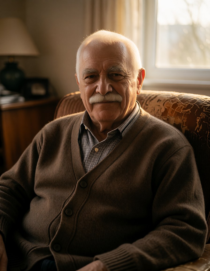 Chest-up in the worn brown armchair, brown knit cardigan buttoned to the collar over a checked shirt, warm afternoon window light, amused half frown.