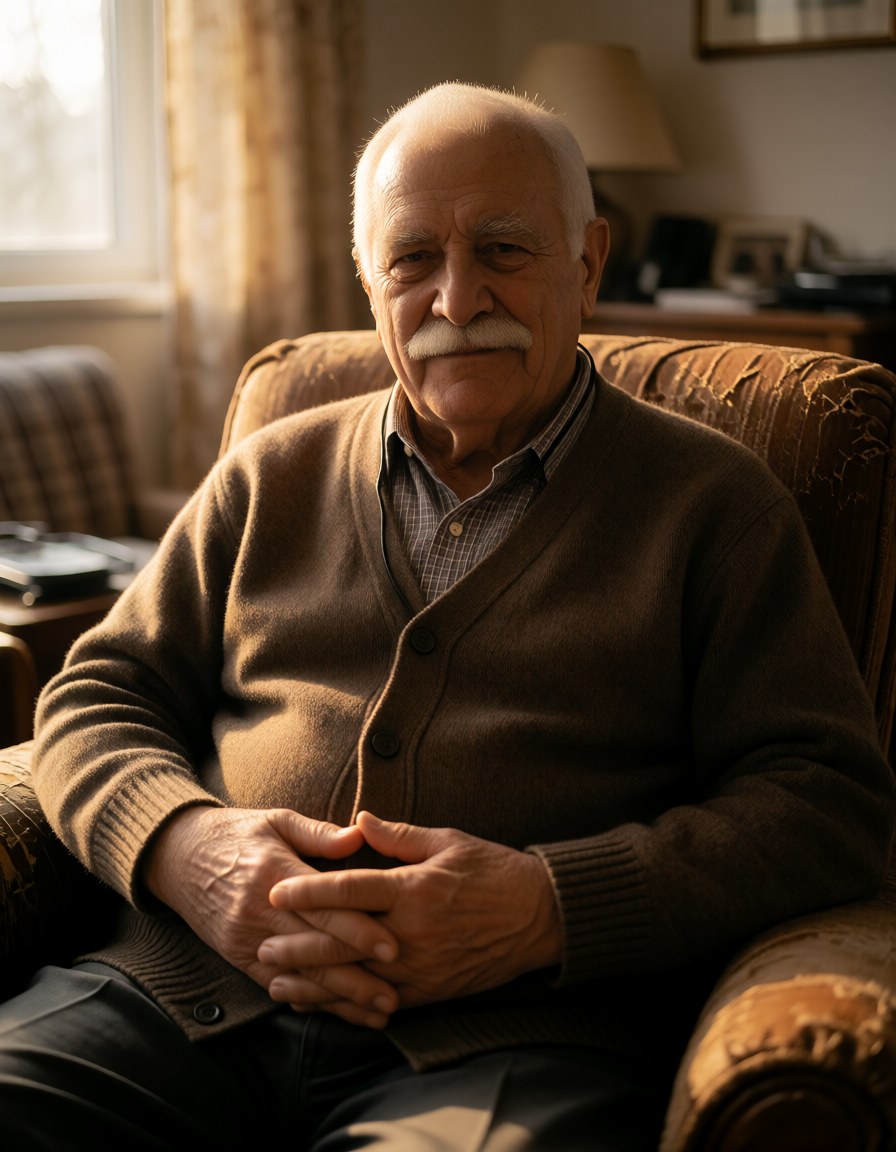 Waist-up in the worn brown armchair, cardigan over a checked shirt, hands folded on his belly, warm afternoon window light.