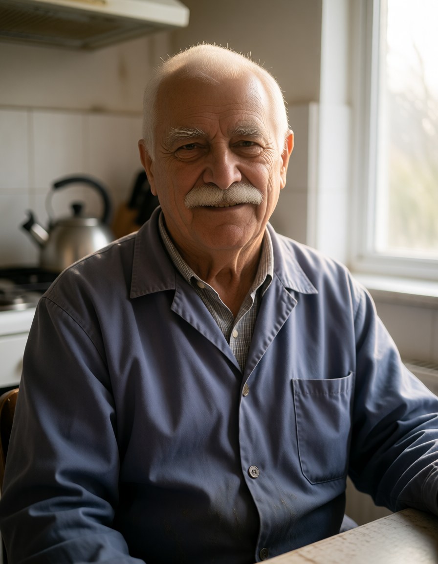 Waist-up at the small kitchen in the morning, faded blue work shirt, soft window light, a kettle on the stove blurred behind him, warm half smile.