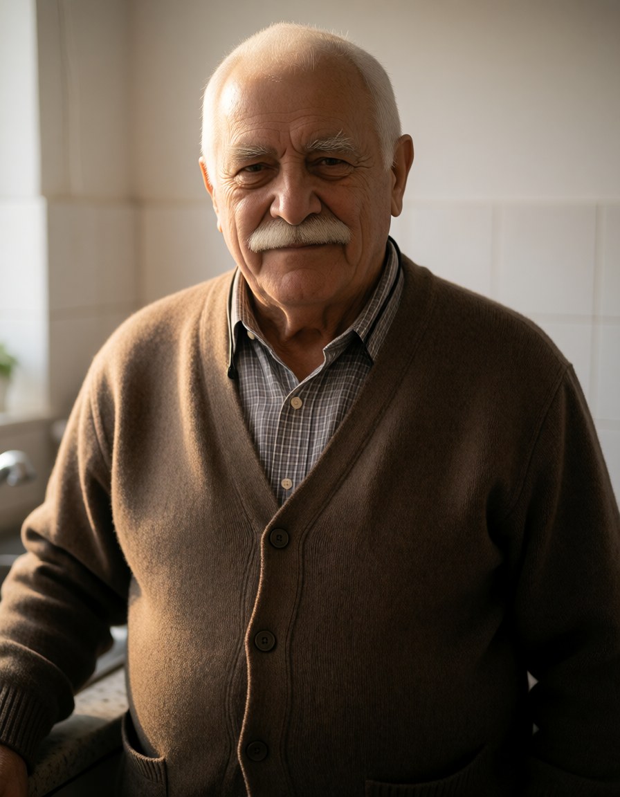 Waist-up standing in the small apartment kitchen in the morning, cardigan over a checked shirt, white tiles blurred behind him, one eyebrow raised.