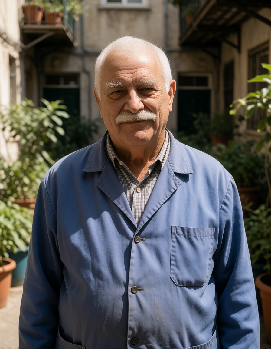Waist-up in the sunlit courtyard of an old apartment building, potted plants blurred behind him, squinting in the sun, half smile.
